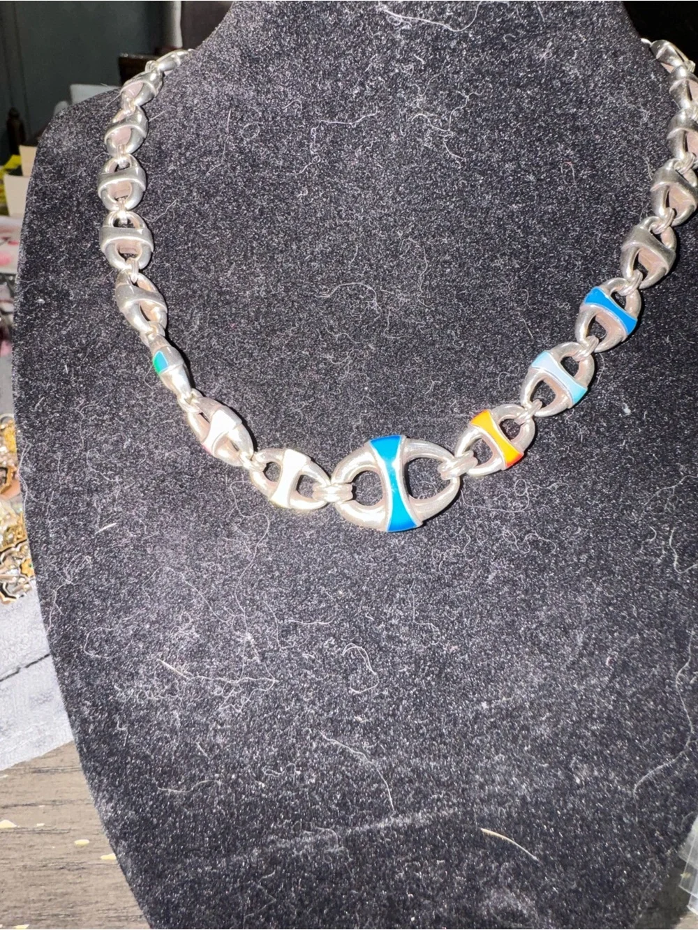 Brighton Silver Link Necklace with Blue and Orange Enamel Accents